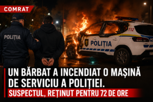 VIDEO/ Comrat: Un bărbat a incendiat o mașină de serviciu a Poliției. Suspectul, reținut pentru 72 de ore